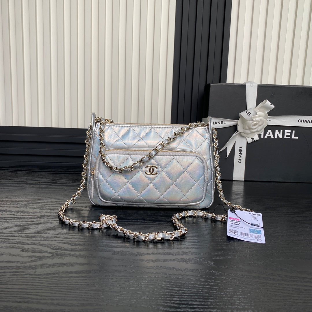CC 25C Clutch With Strap 21cm Silver Metalic Calfskin mysite