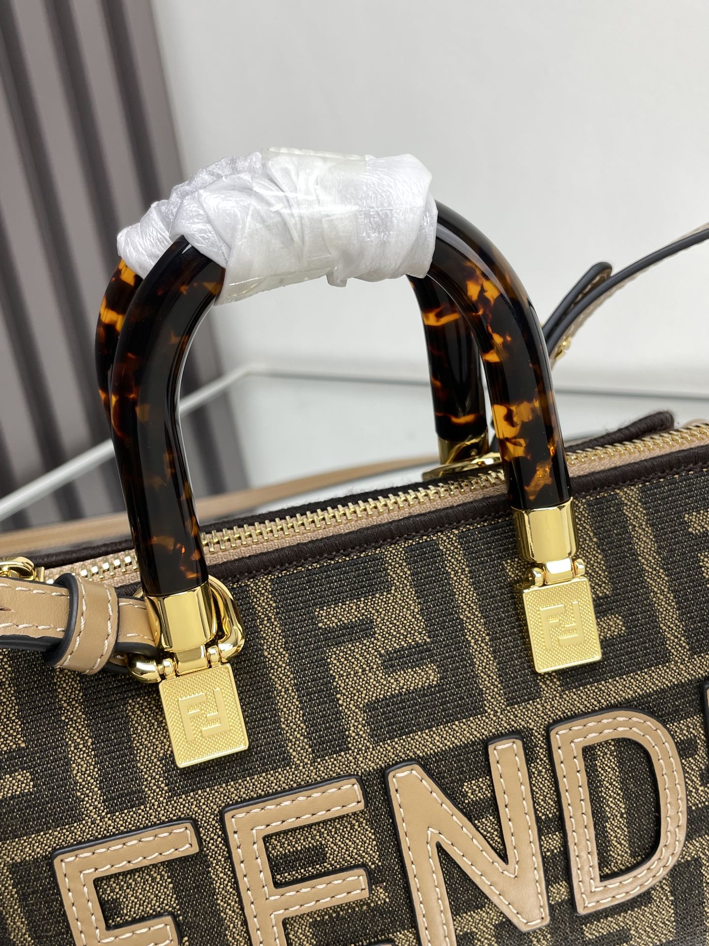 BY THE WAY MINI 18 IN SOYA BEAN JACQUARD FABRIC AND BROWN CALFSKIN TRIM mysite