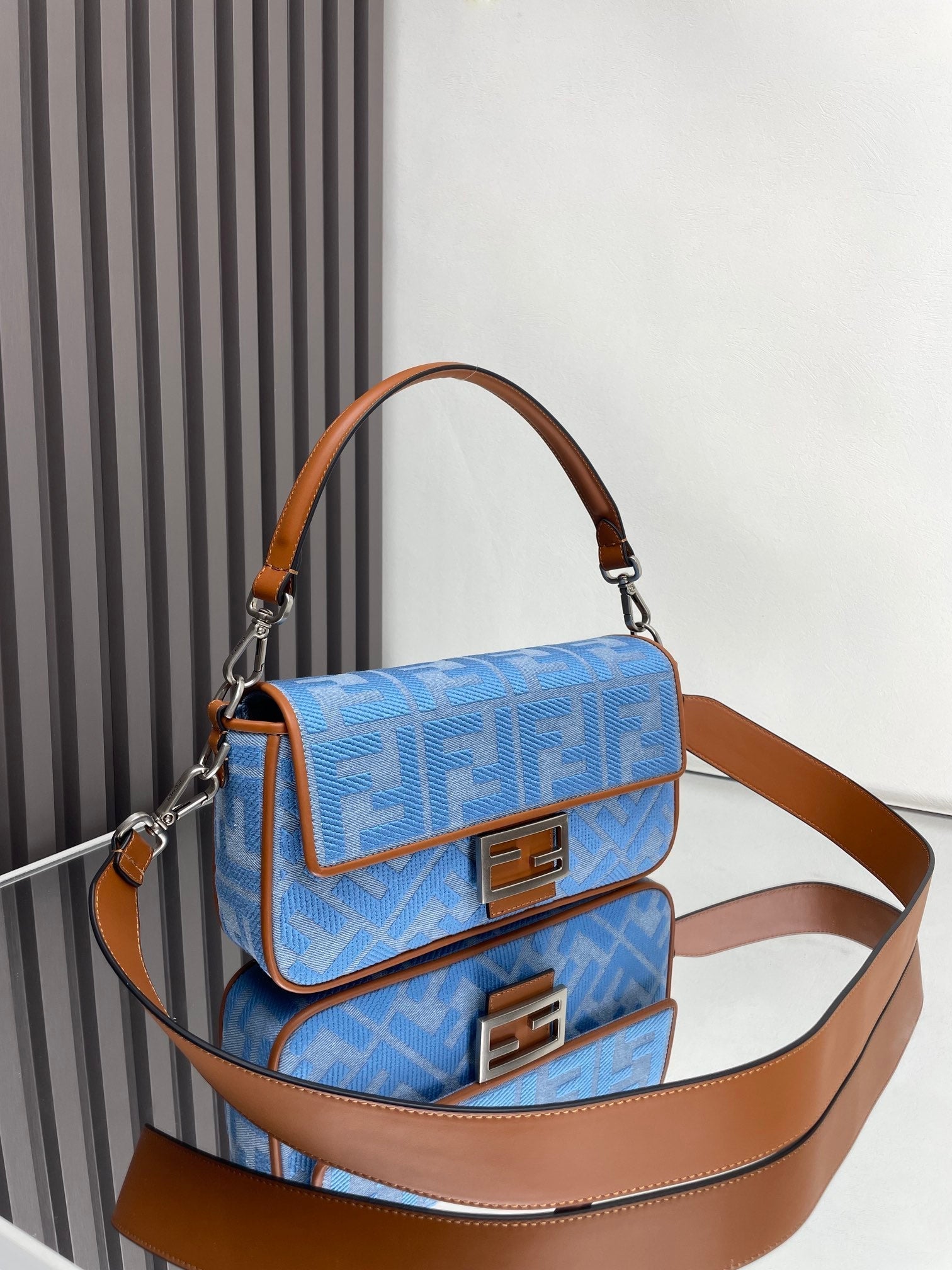 Fend Baguette Blue Brown Canvas Bag 27 with FF Embroidery Ghw mysite