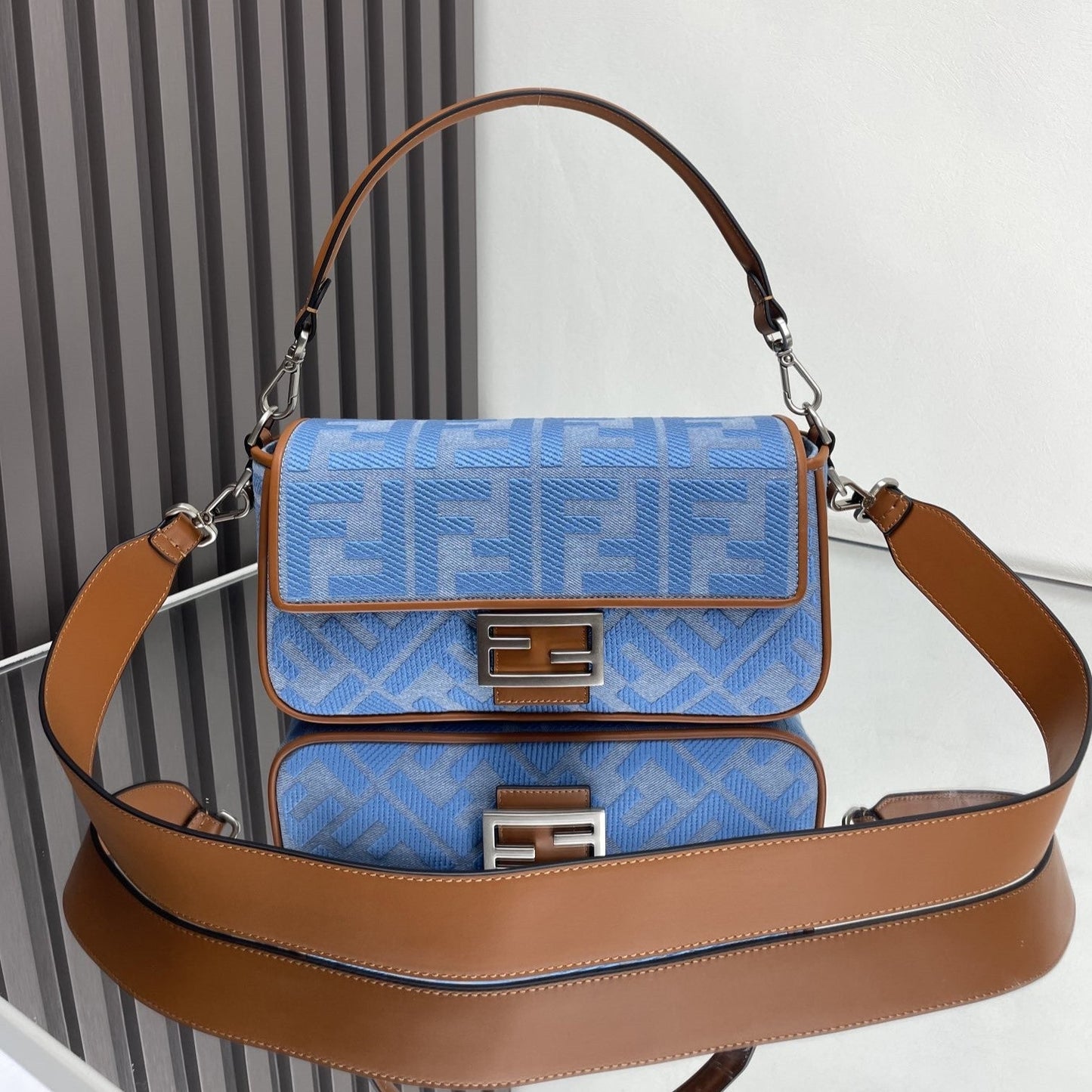Fend Baguette Blue Brown Canvas Bag 27 with FF Embroidery Ghw mysite