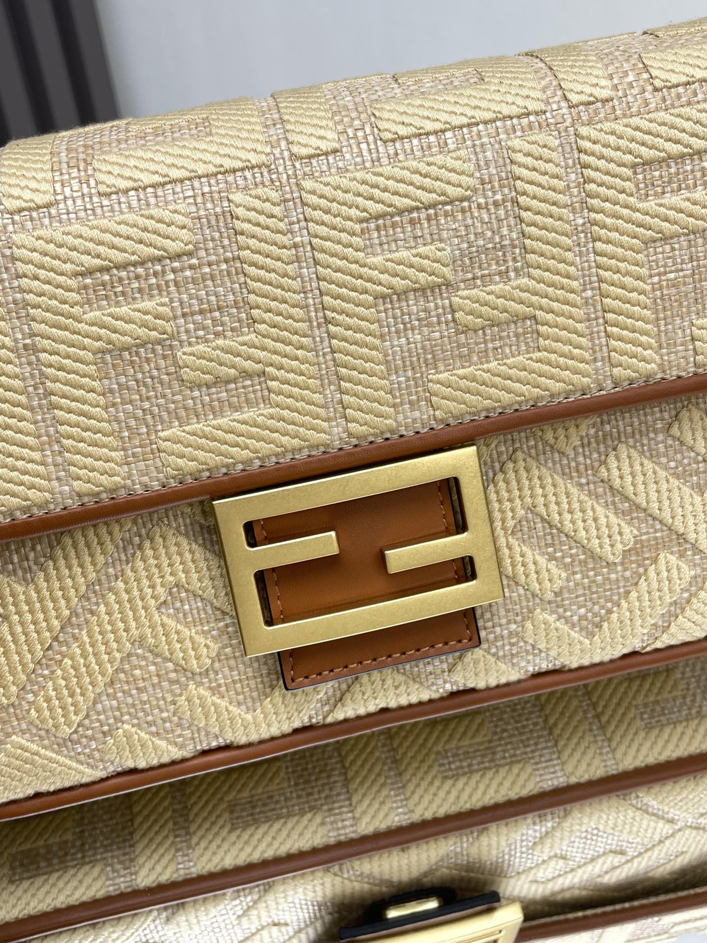 Fend Baguette Gold Tan Canvas Bag 27 with FF Embroidery Ghw mysite
