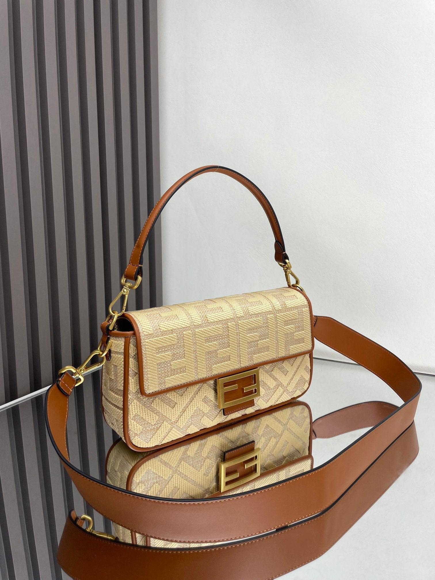 Fend Baguette Gold Tan Canvas Bag 27 with FF Embroidery Ghw mysite