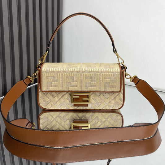Fend Baguette Gold Tan Canvas Bag 27 with FF Embroidery Ghw mysite