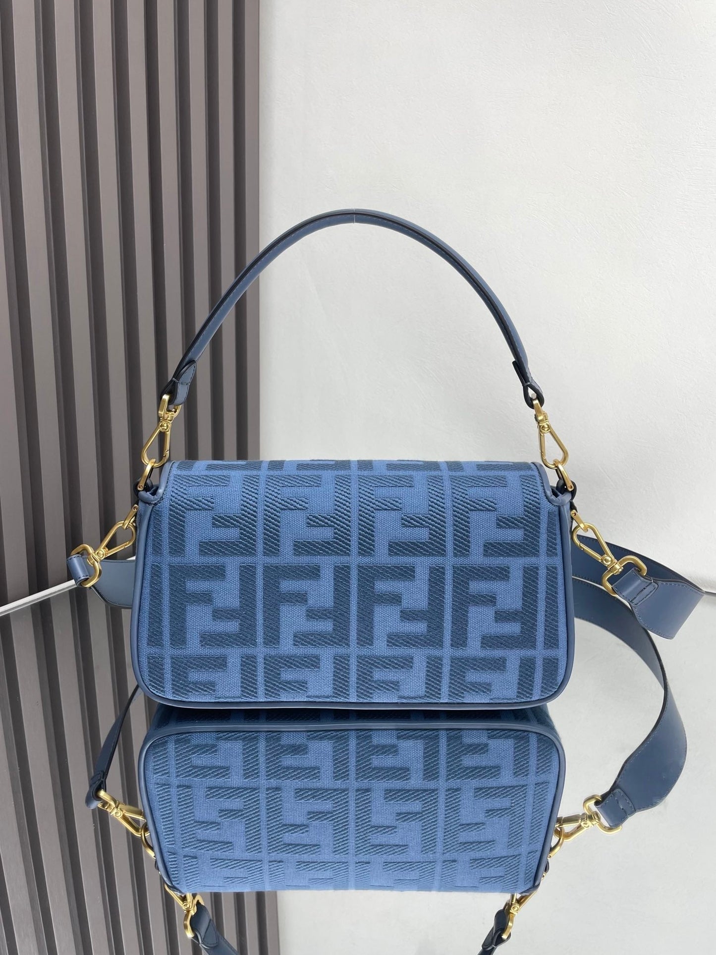 Fend Baguette Blue Canvas Bag 27 with FF Embroidery Ghw mysite