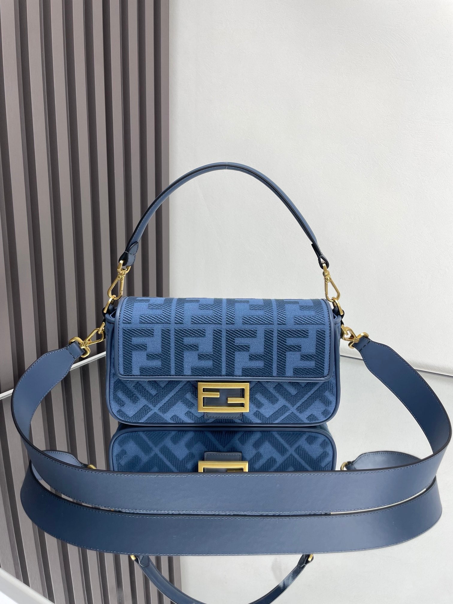 Fend Baguette Blue Canvas Bag 27 with FF Embroidery Ghw mysite