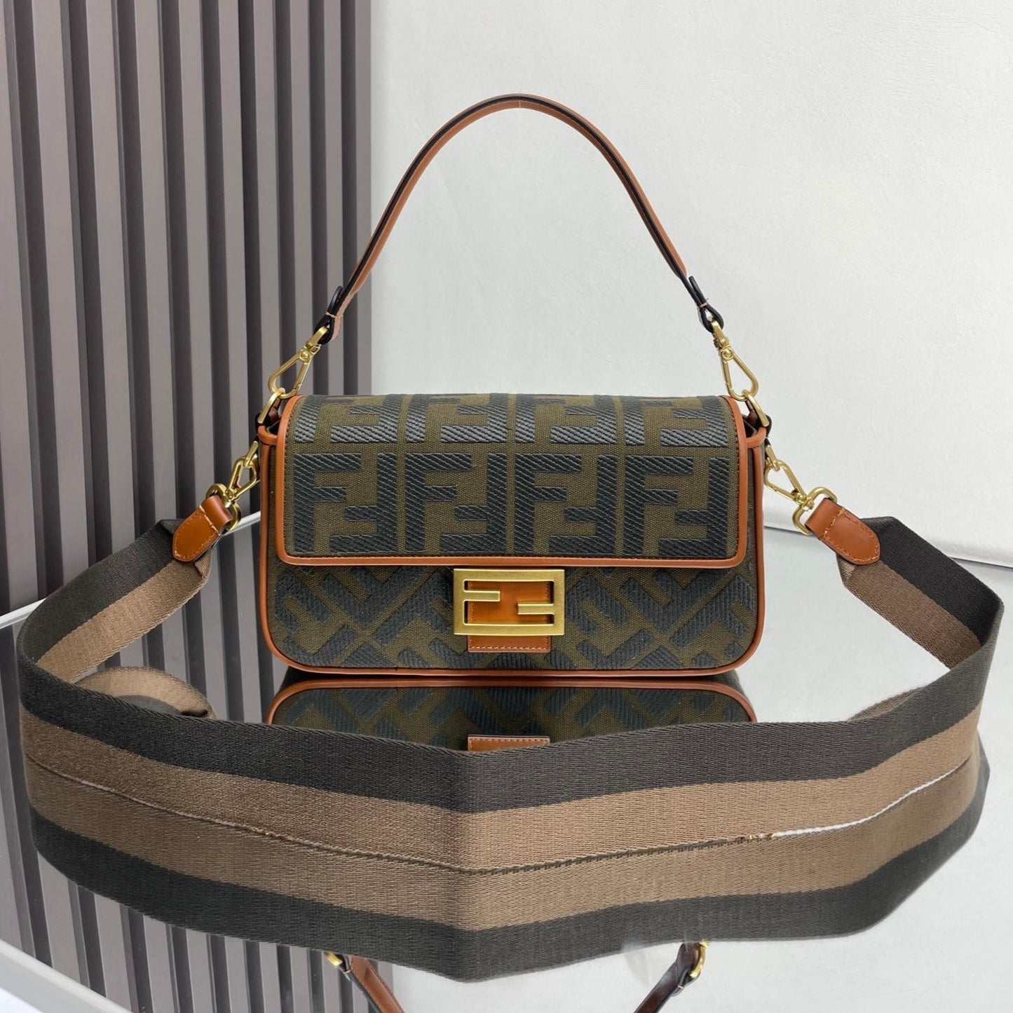 Fend Baguette Green Canvas Bag 27 with FF Embroidery Ghw mysite
