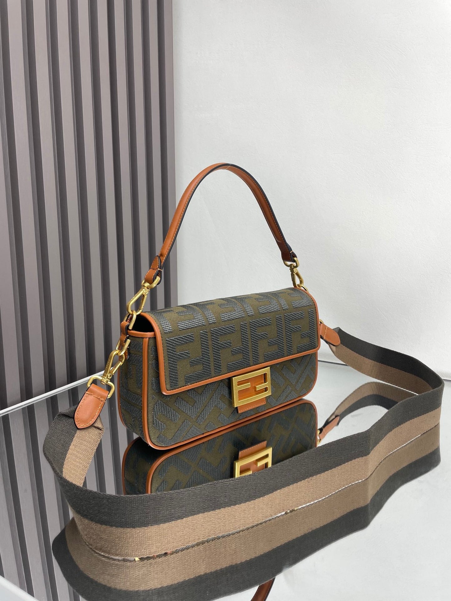 Fend Baguette Green Canvas Bag 27 with FF Embroidery Ghw mysite