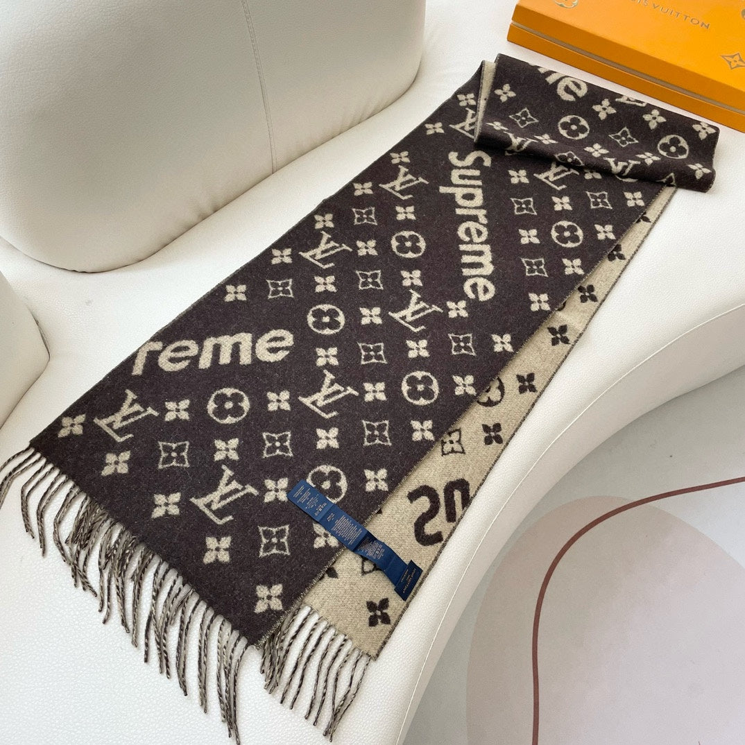 SUPREME X MONOGRAM 180 CM SCARF IN UMBER BROWN WOOL AND CASHMERE 392941 mysite