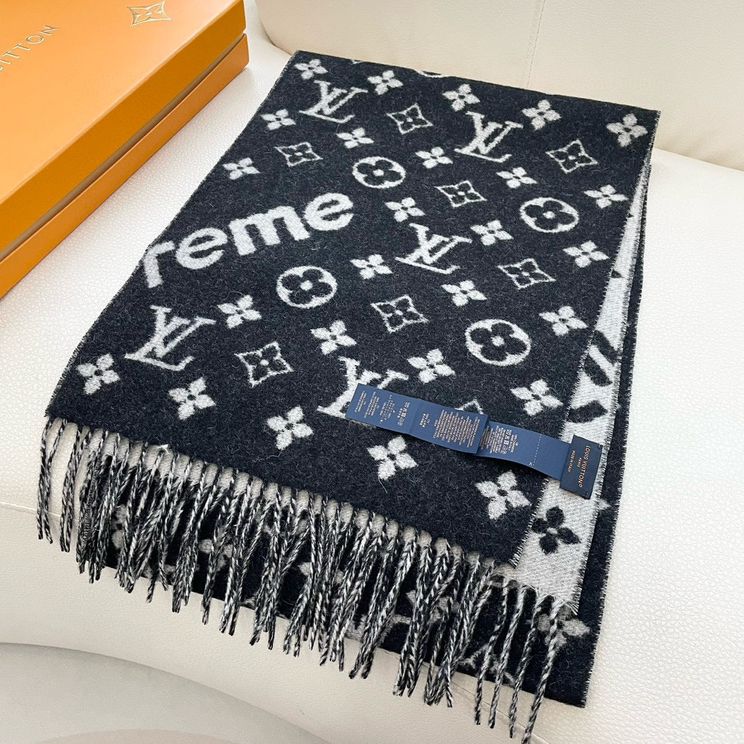 SUPREME X MONOGRAM 180 CM SCARF IN BLACK WOOL AND CASHMERE 392943 mysite