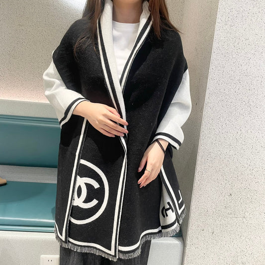 SCARF 195 CM IN BLACK MIX WHITE CASHMERE AND WOOL 402233 mysite