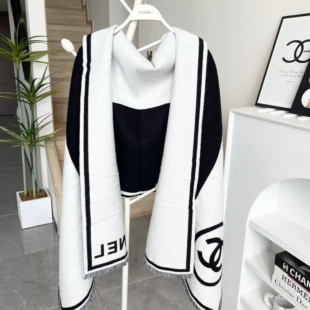 SCARF 195 CM IN BLACK MIX WHITE CASHMERE AND WOOL 402234 mysite