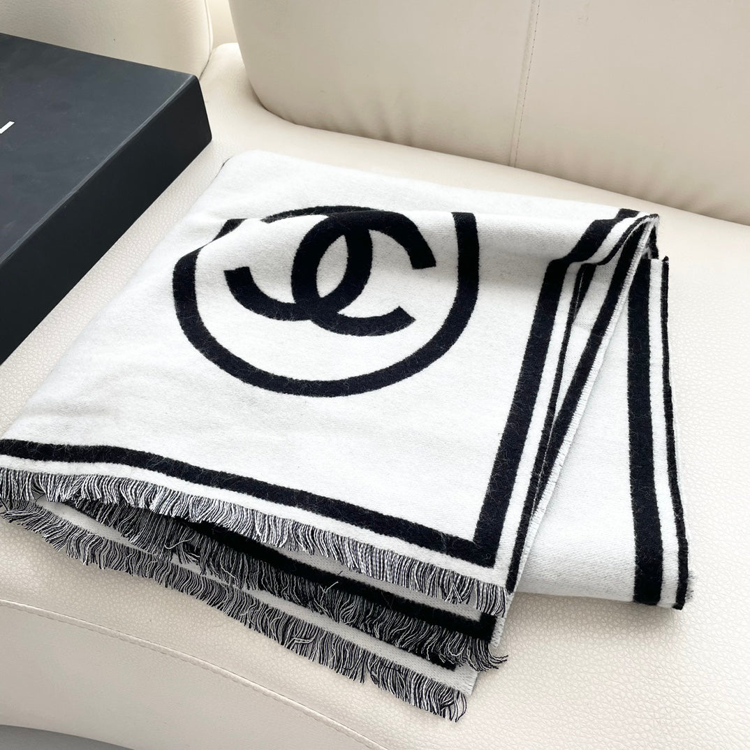 SCARF 195 CM IN BLACK MIX WHITE CASHMERE AND WOOL 402234 mysite