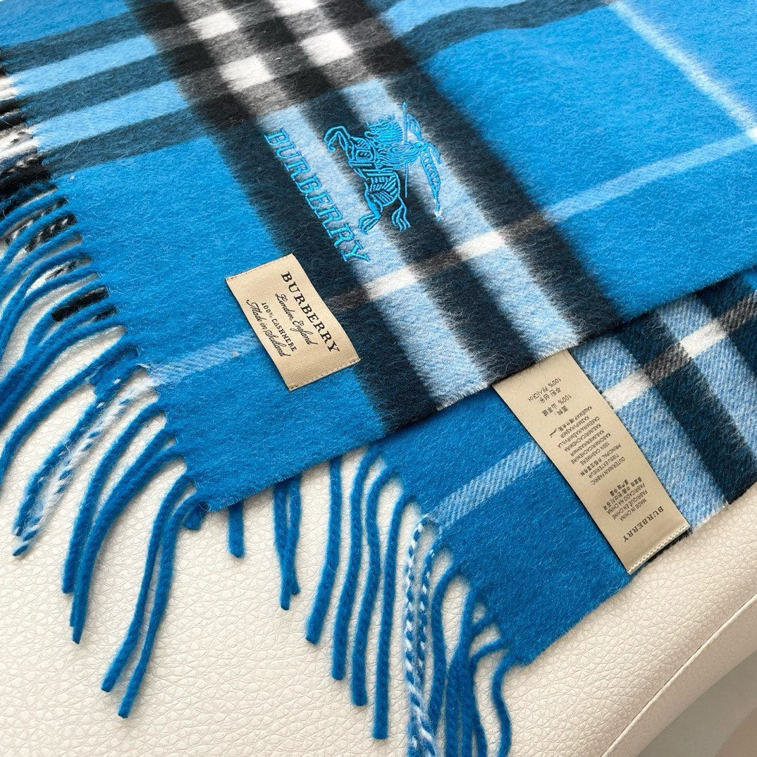CHECK SCARF 180 CM IN AZURE BLUE MIX BLACK CASHMERE 405481 mysite