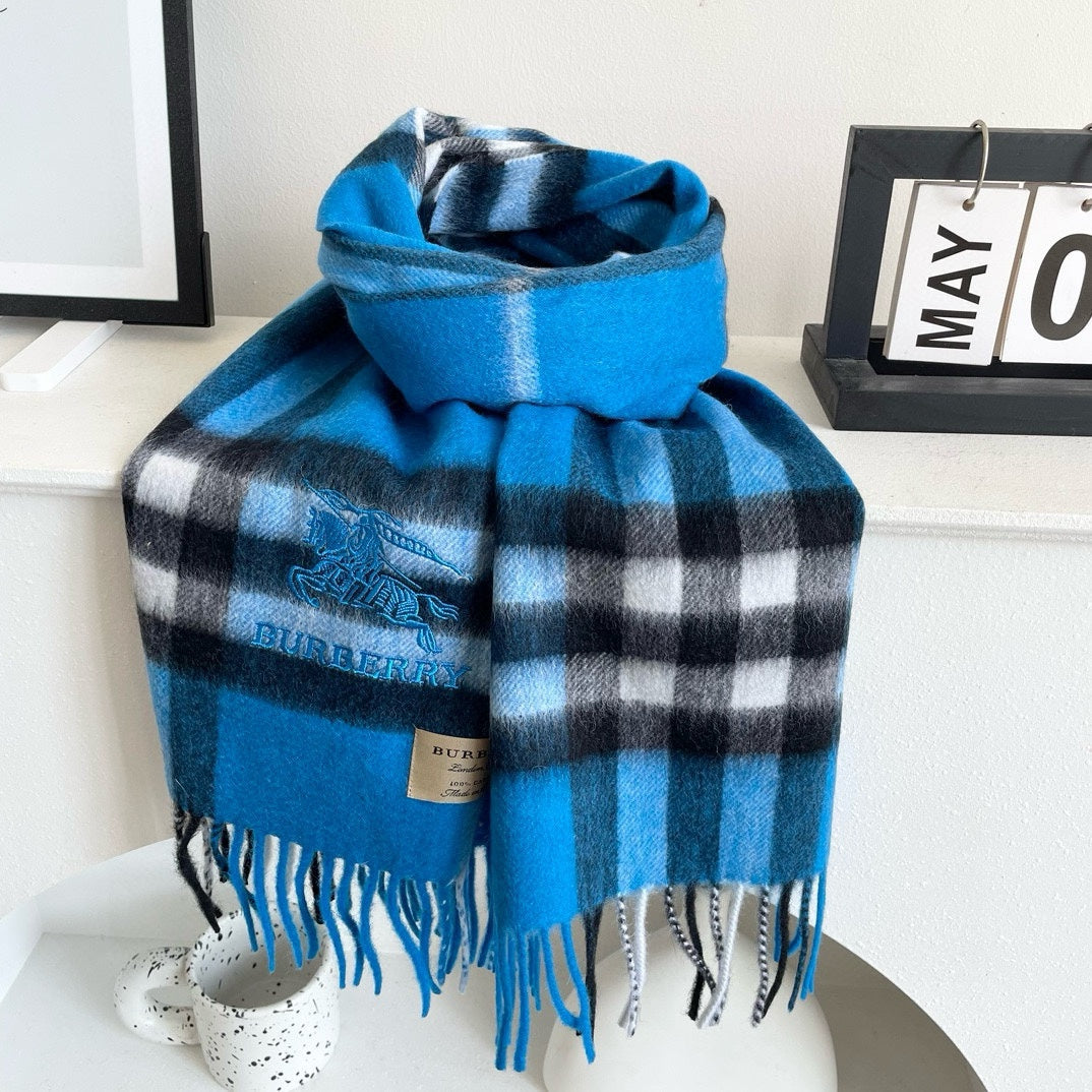 CHECK SCARF 180 CM IN AZURE BLUE MIX BLACK CASHMERE 405481 mysite