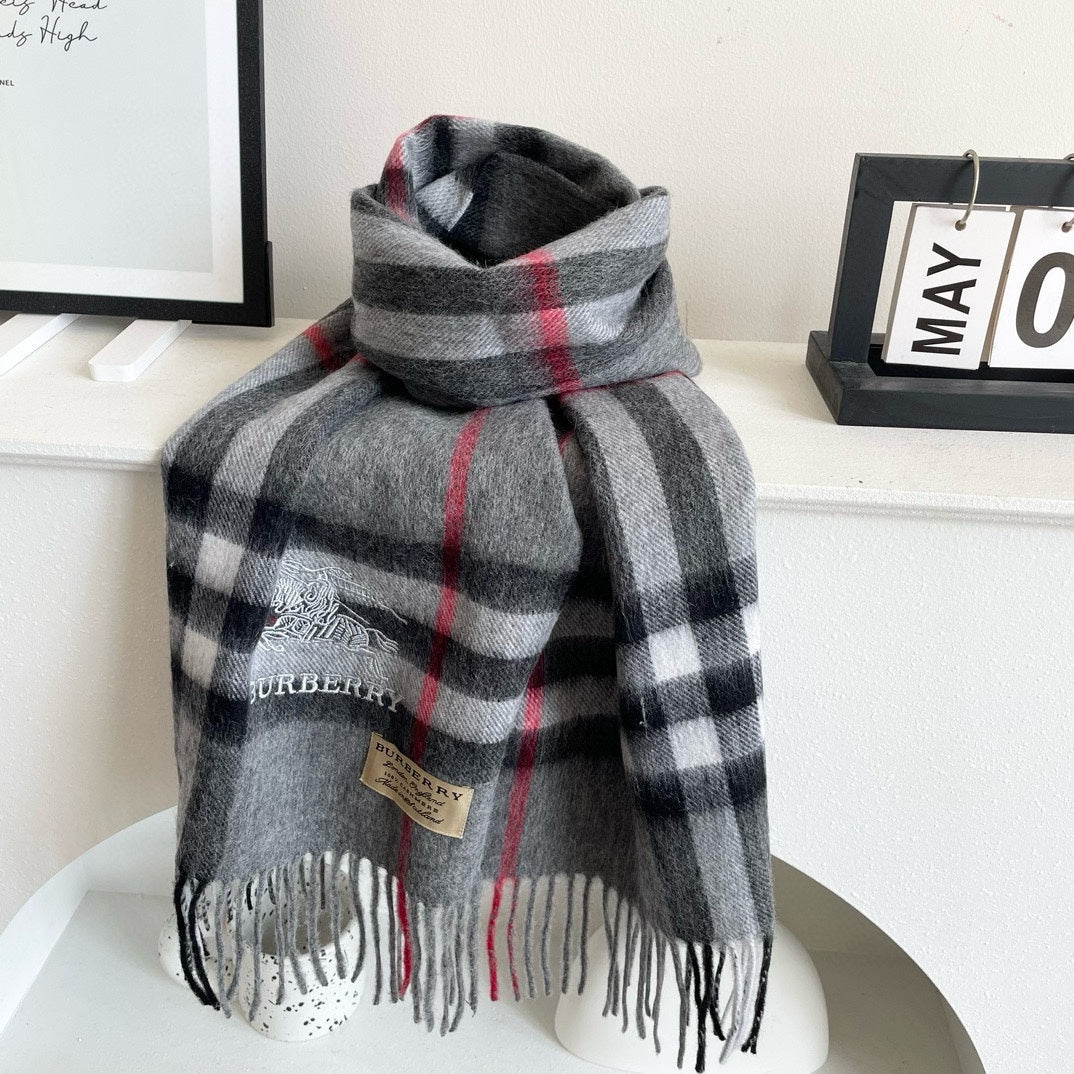 CHECK SCARF 180 CM IN SMOKE GRAY MIX BLACK CASHMERE 405482 mysite