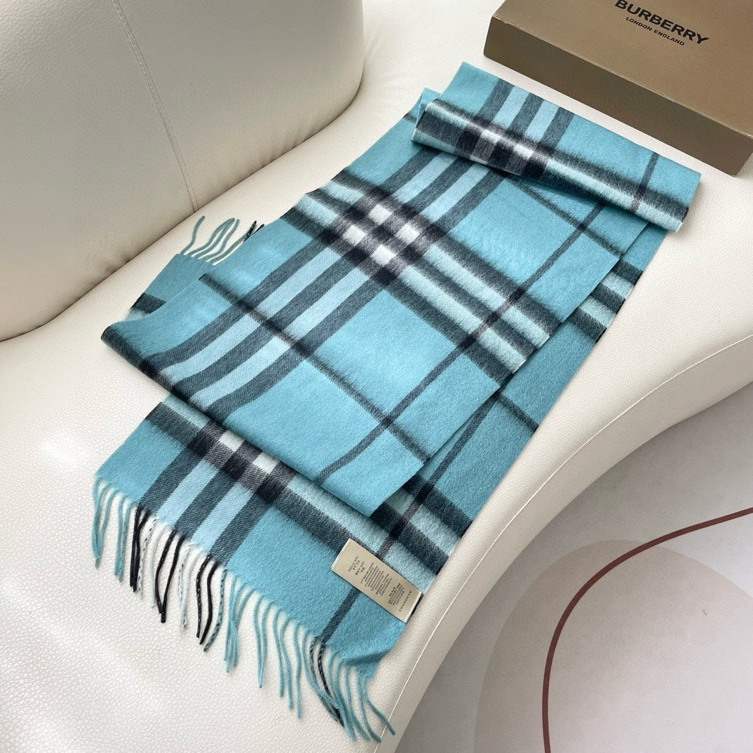 CHECK SCARF 180 CM IN SKY BLUE MIX BLACK CASHMERE 405484 mysite
