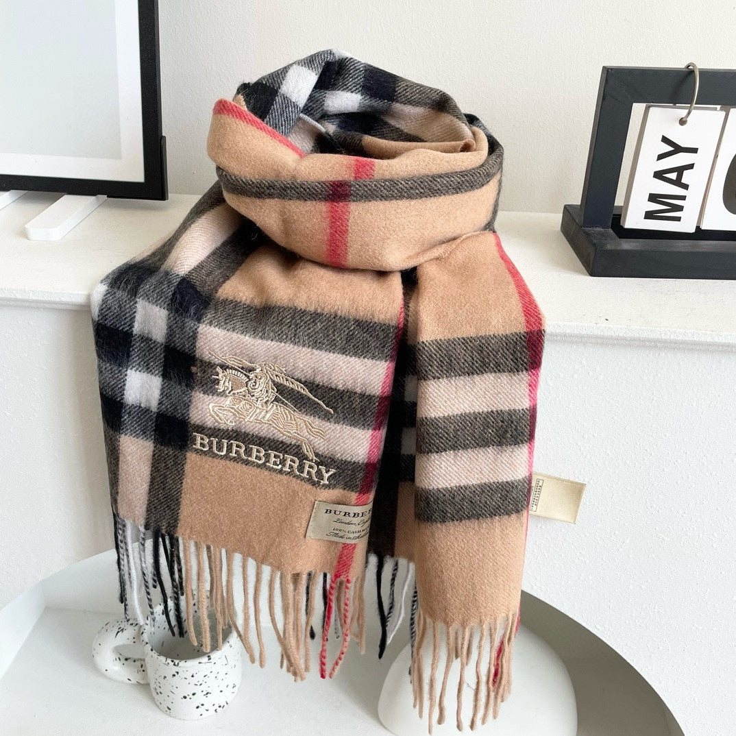 CHECK SCARF 180 CM IN CAMEL BEIGE CASHMERE 405487 mysite