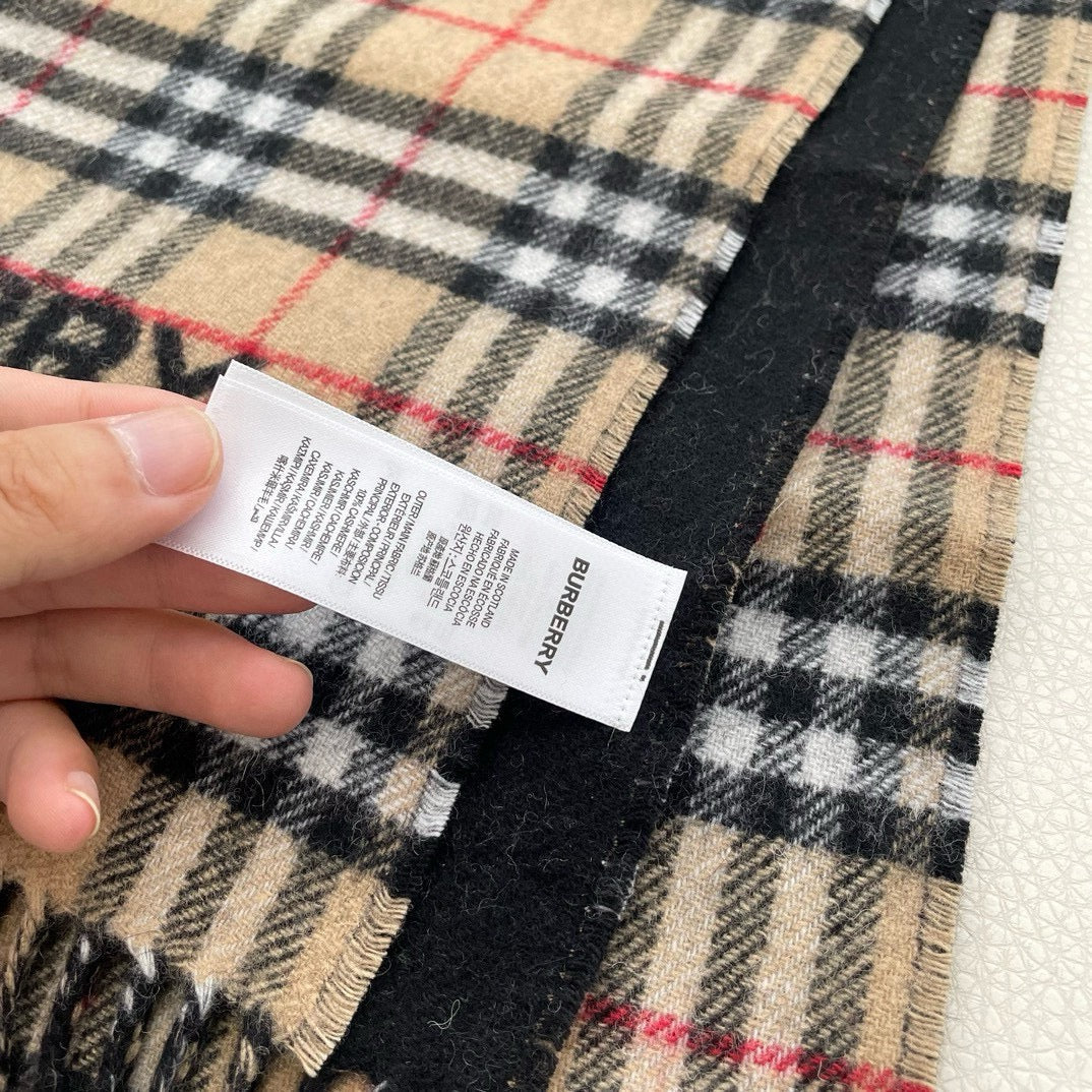 REVERSIBLE CHECK CASHMERE SCARF 180 CM BLACK AND BEIGE 405497 mysite