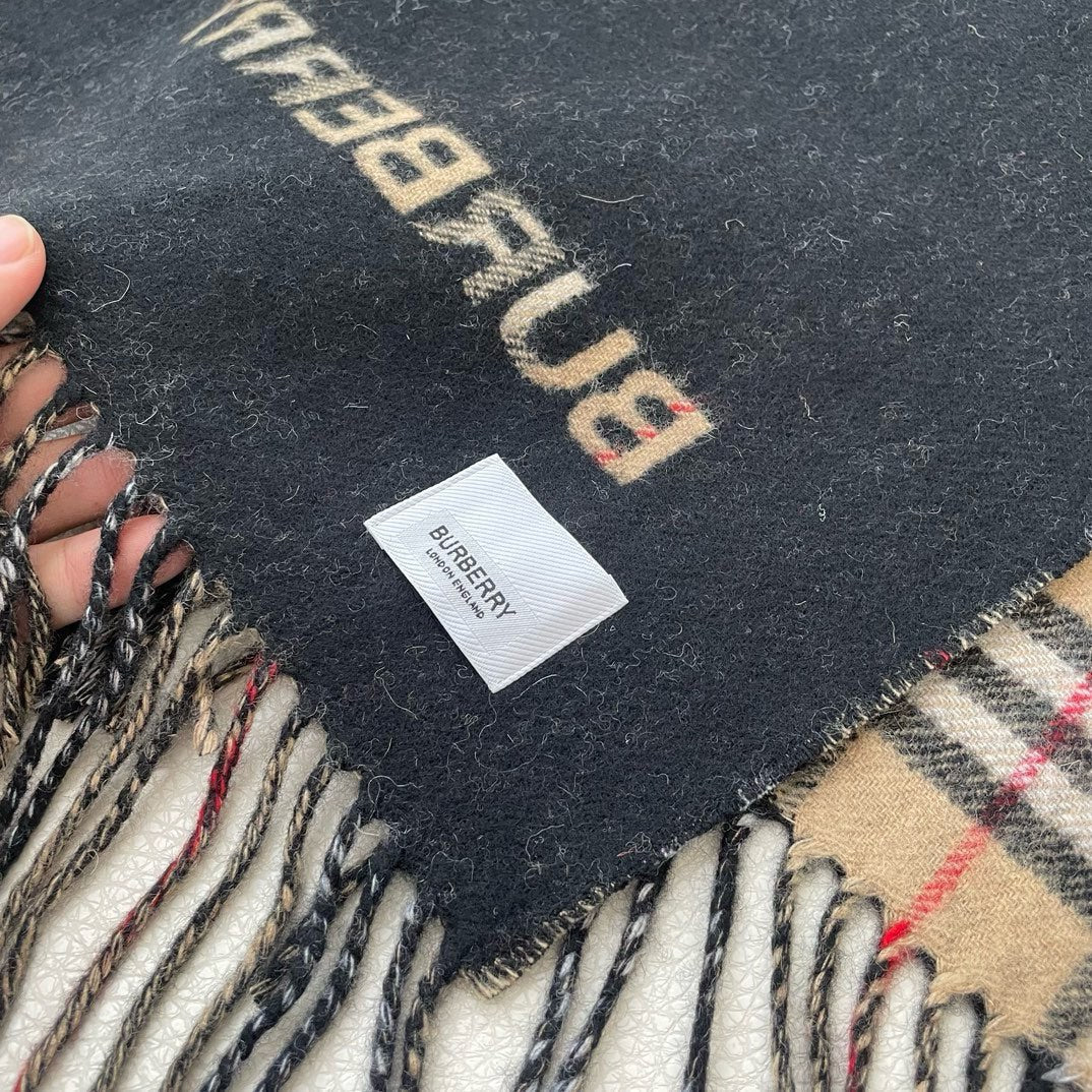 REVERSIBLE CHECK CASHMERE SCARF 180 CM BLACK AND BEIGE 405497 mysite