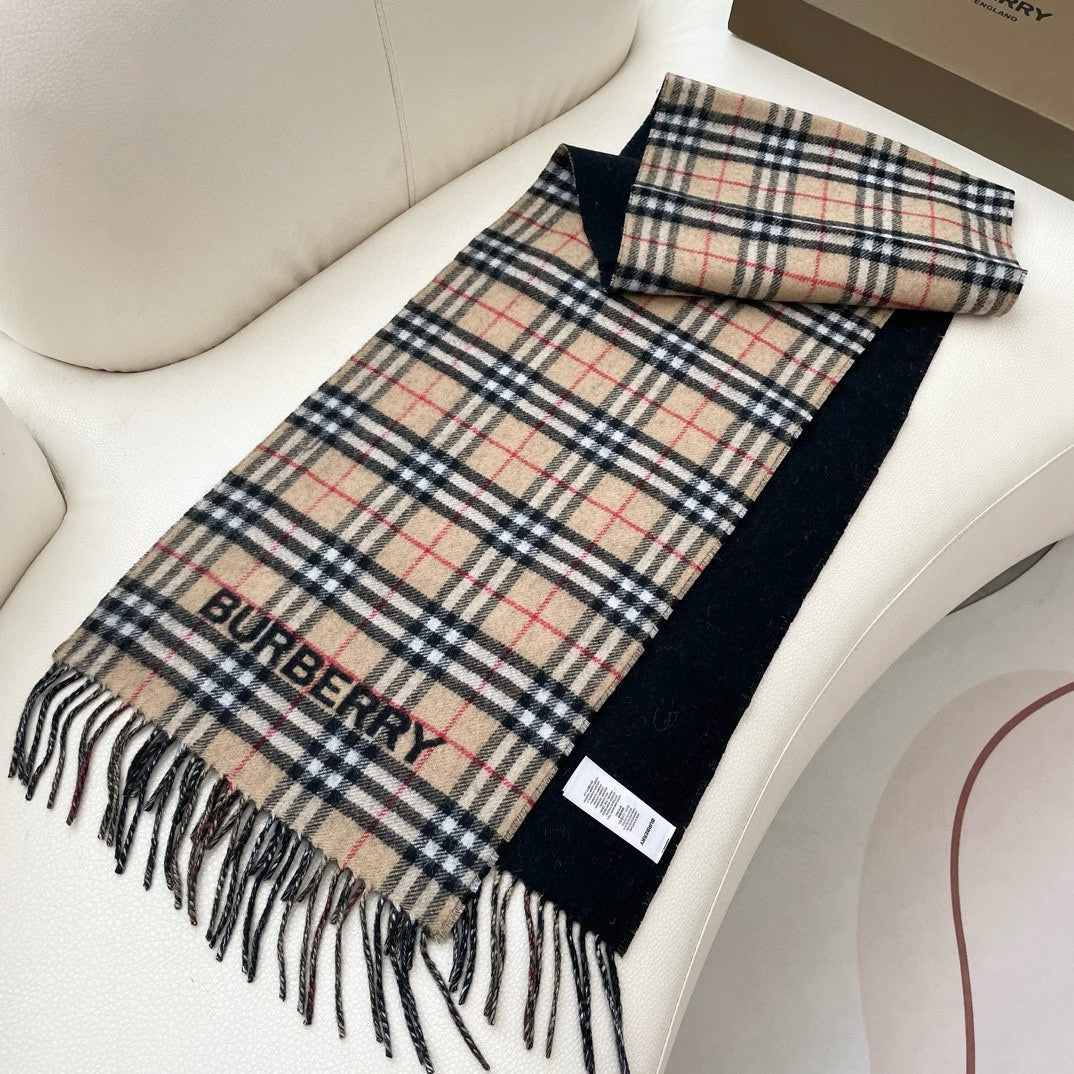 REVERSIBLE CHECK CASHMERE SCARF 180 CM BLACK AND BEIGE 405497 mysite