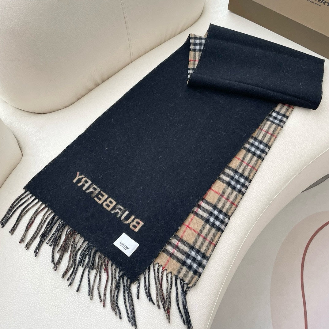 REVERSIBLE CHECK CASHMERE SCARF 180 CM BLACK AND BEIGE 405497 mysite