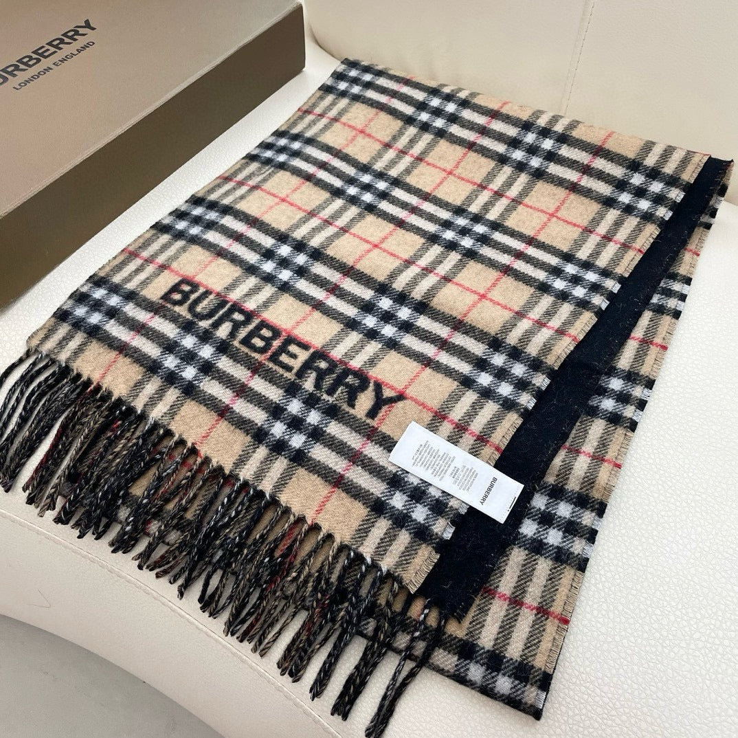 REVERSIBLE CHECK CASHMERE SCARF 180 CM BLACK AND BEIGE 405497 mysite