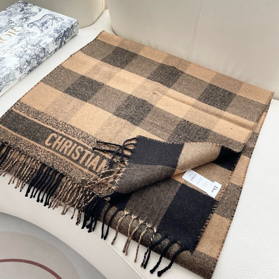 CHECK SCARF 180 CM IN BLACK MIX SAND YELLOW CASHMERE AND WOOL 415298 mysite