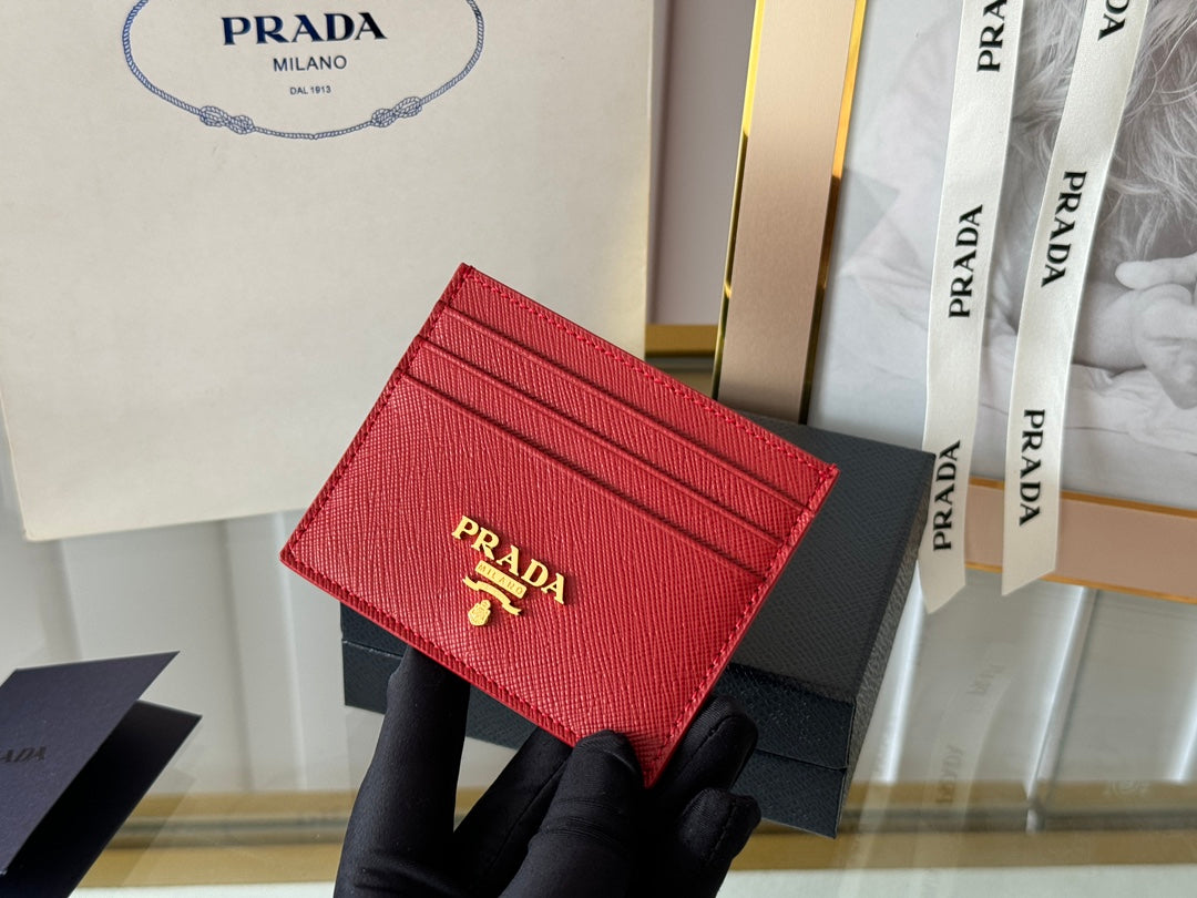 Pra Gold Logo-Stamp Card Holder Red Saffiano Leather mysite