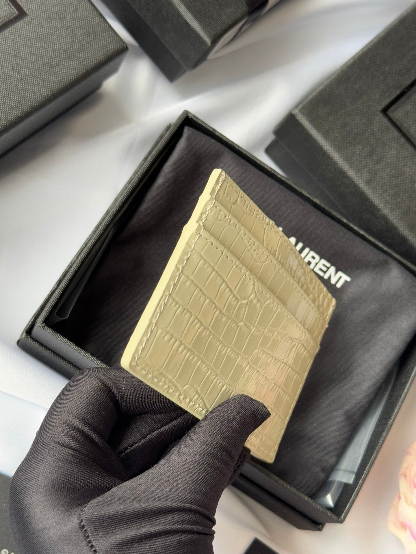 YSL Card Holder 10cm Wallet Cream Gold Crocodile Leather 240565 mysite