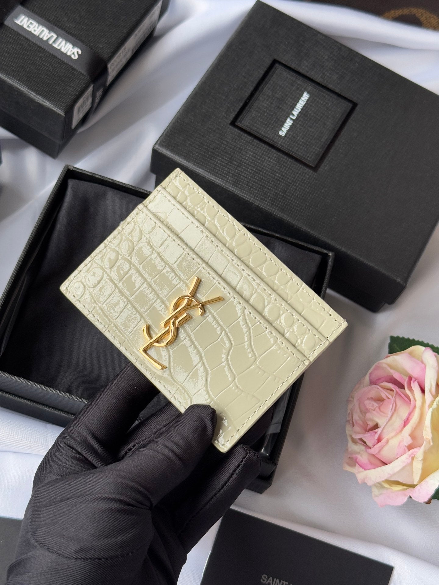 YSL Card Holder 10cm Wallet Cream Gold Crocodile Leather 240565 mysite