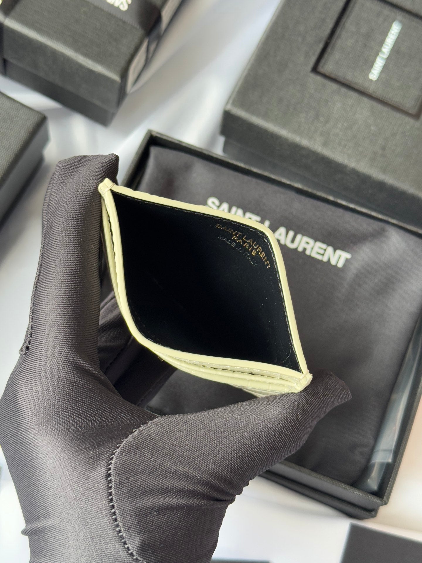 YSL Card Holder 10cm Wallet Cream Gold Crocodile Leather 240565 mysite