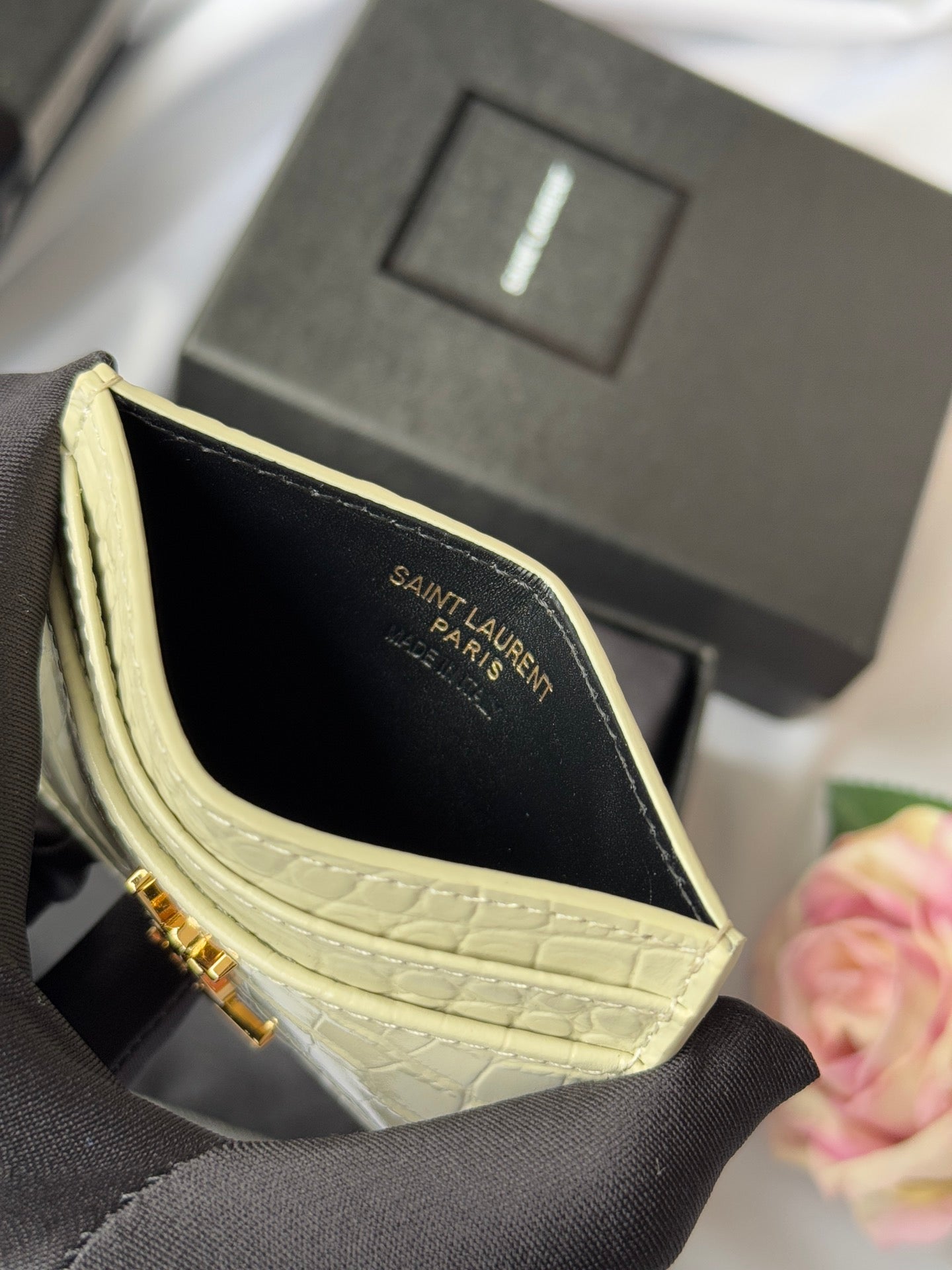 YSL Card Holder 10cm Wallet Cream Gold Crocodile Leather 240565 mysite