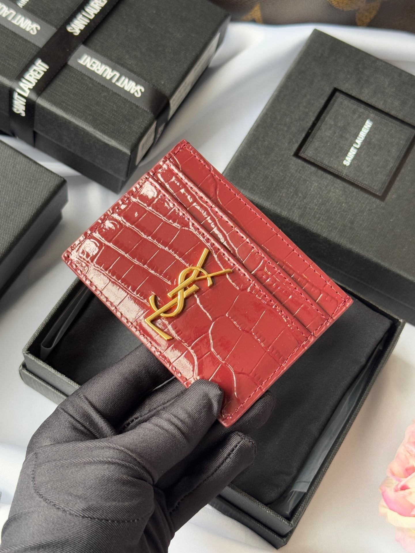 YSL Card Holder 10cm Wallet Burgundy Gold Crocodile Leather 240559 mysite