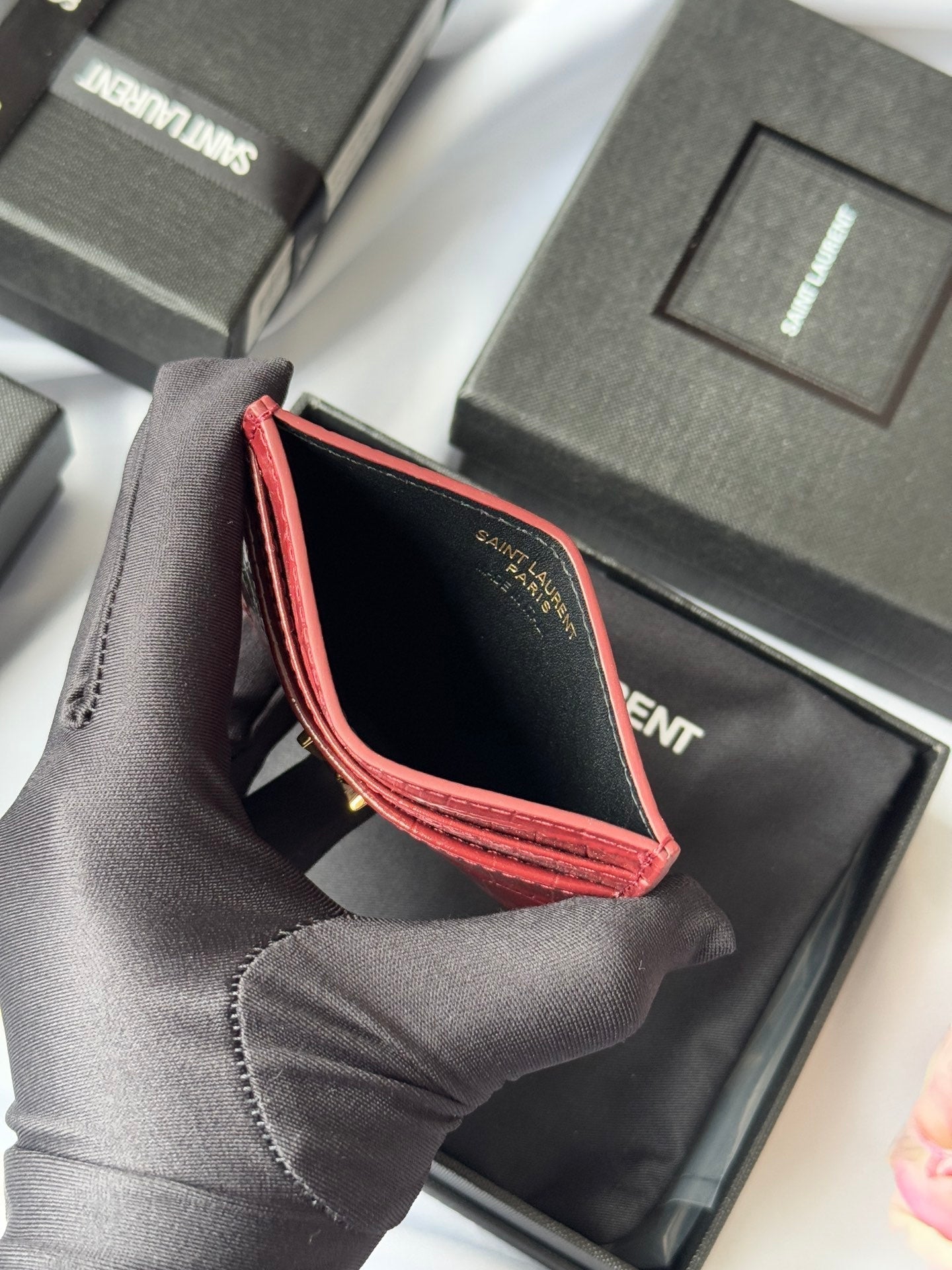 YSL Card Holder 10cm Wallet Burgundy Gold Crocodile Leather 240559 mysite