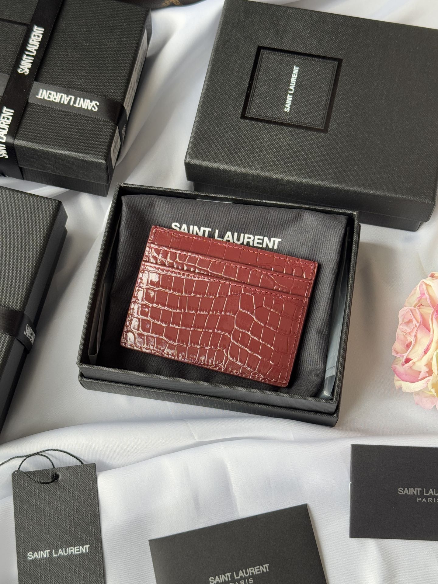 YSL Card Holder 10cm Wallet Burgundy Gold Crocodile Leather 240559 mysite