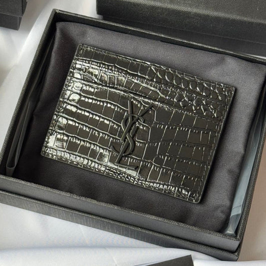 YSL Card Holder 10cm Wallet Full Black Crocodile Leather 240552 mysite