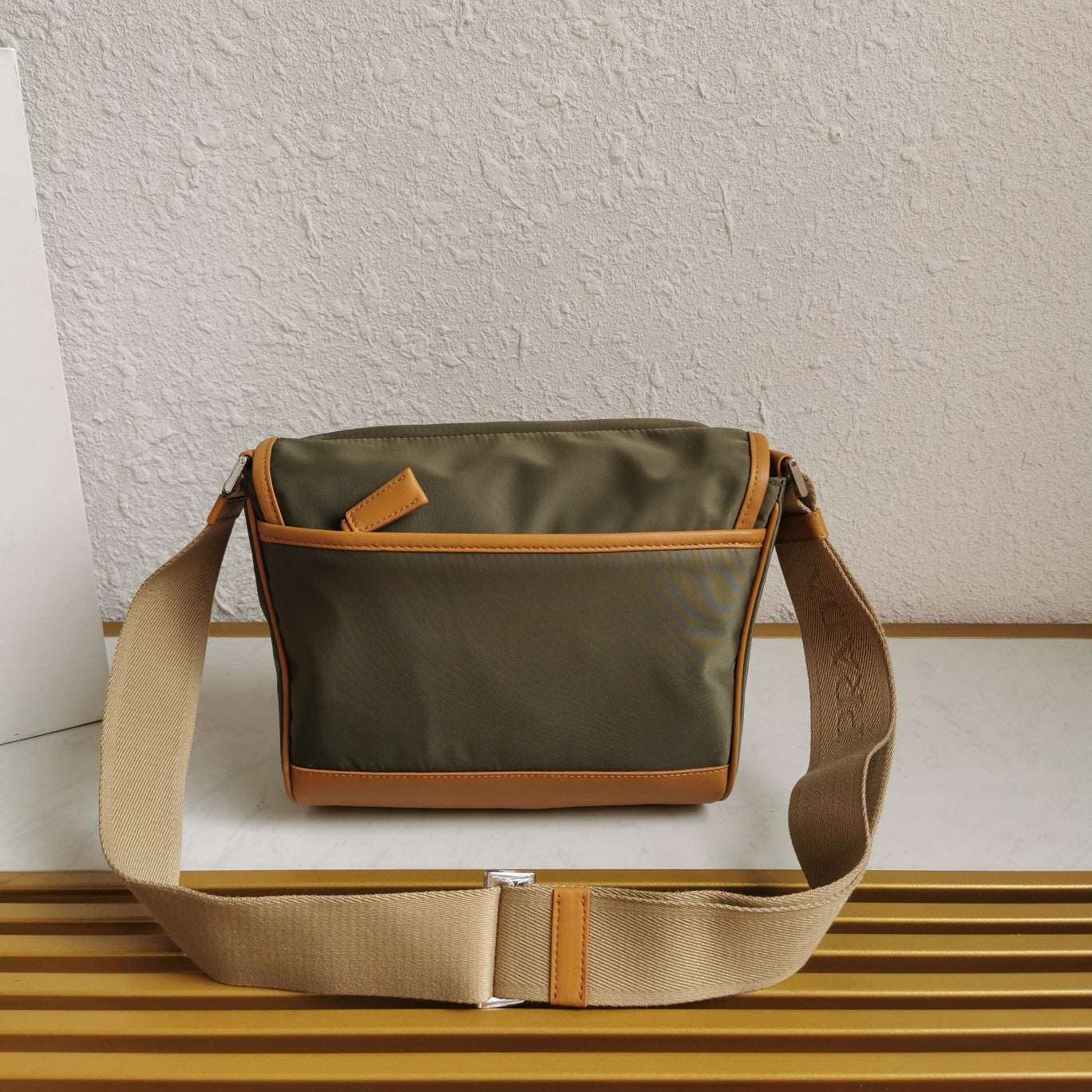 MESSENGER BAG 20 IN KHAKI GREEN RE-NYLON AND BROWN CALFSKIN TRIM mysite