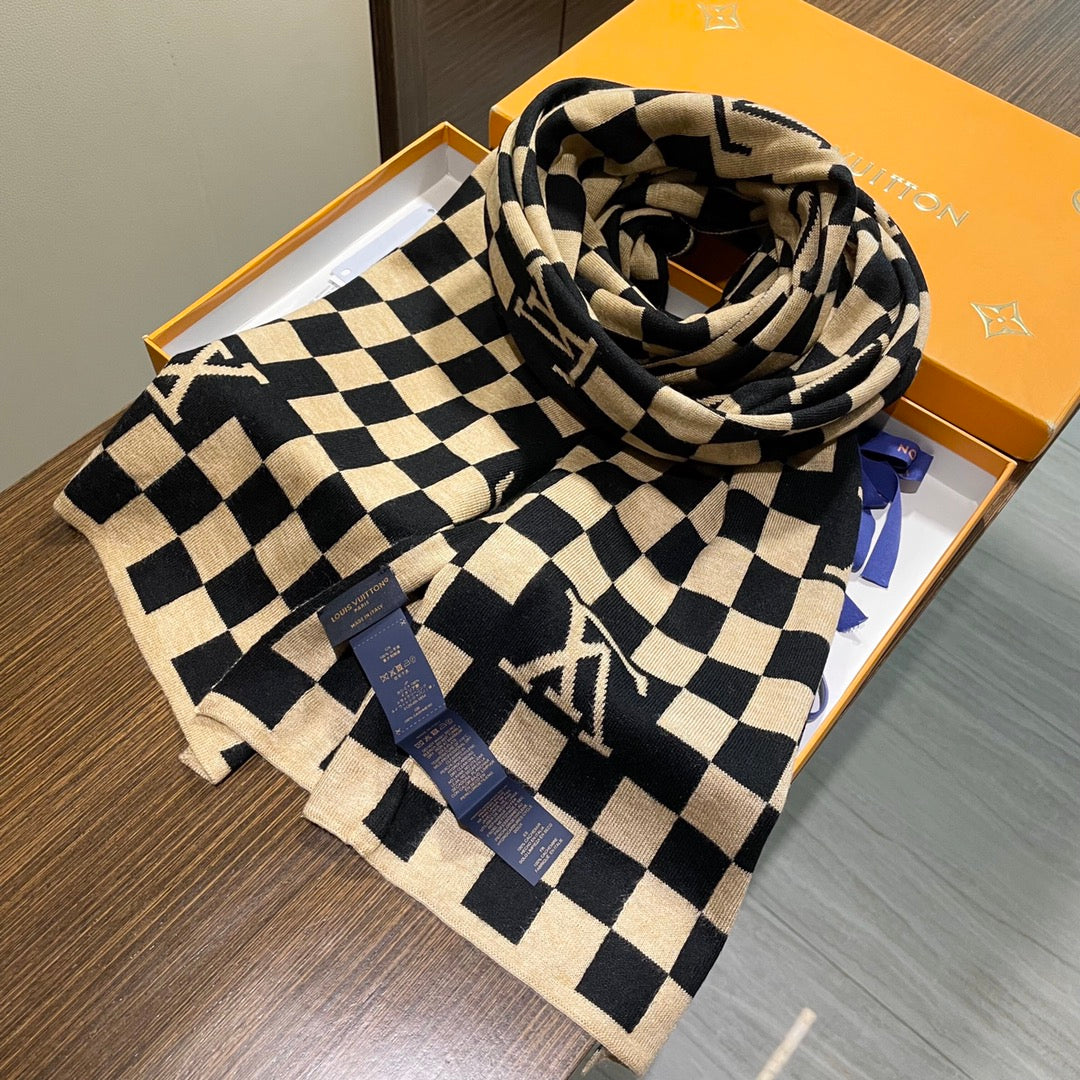 DAMIER SCARF 200 CM IN BLACK MIX TAN BEIGE CASHMERE 388194 mysite