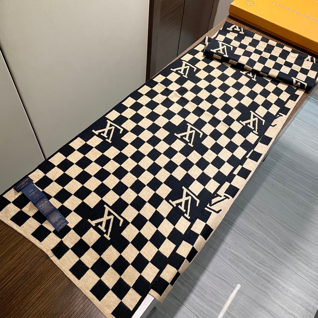 DAMIER SCARF 200 CM IN BLACK MIX TAN BEIGE CASHMERE 388194 mysite