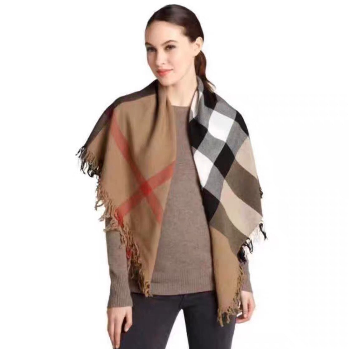 REVERSIBLE CHECK 140 CM WOOL SILK SCARF CAMEL BEIGE 408964 mysite