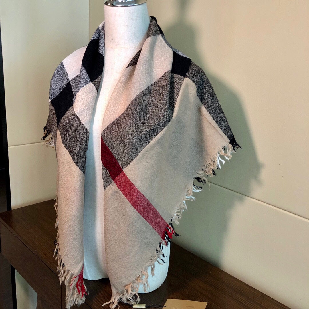 REVERSIBLE CHECK 140 CM WOOL SILK SCARF CAMEL BEIGE 408964 mysite