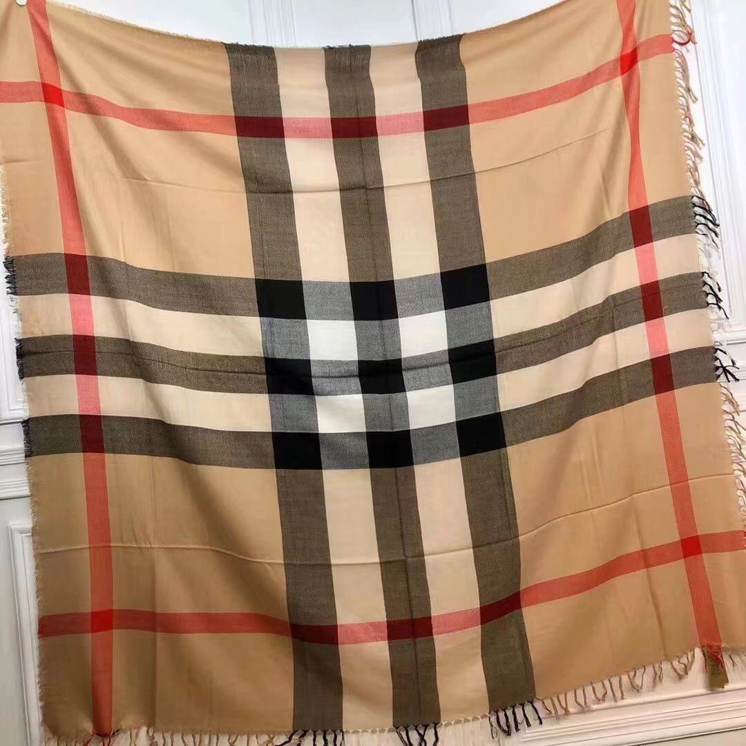 REVERSIBLE CHECK 140 CM WOOL SILK SCARF CAMEL BEIGE 408964 mysite