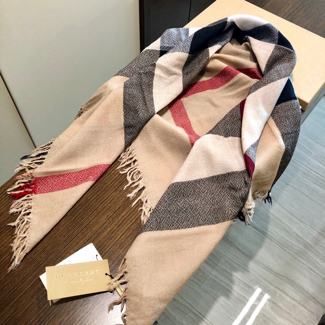 REVERSIBLE CHECK 140 CM WOOL SILK SCARF CAMEL BEIGE 408964 mysite