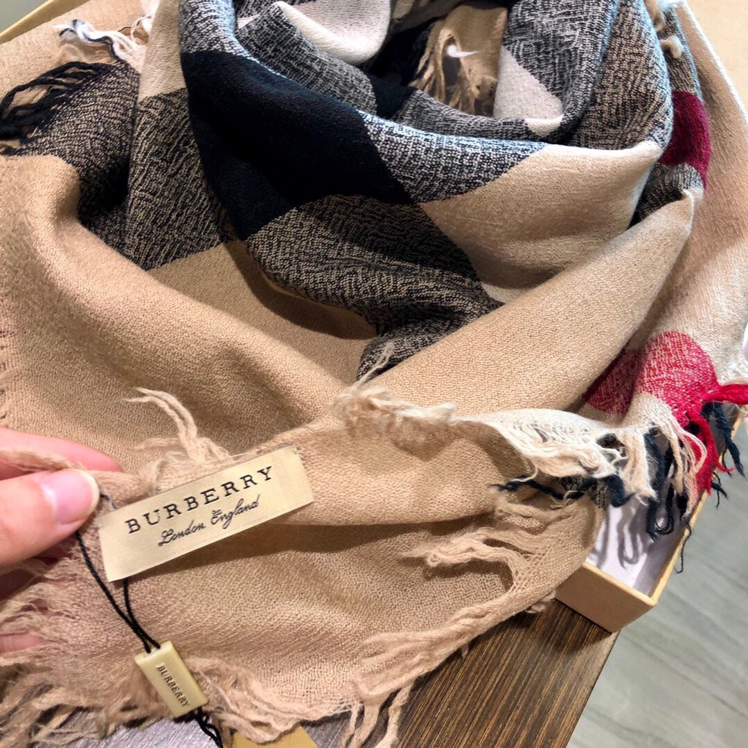 REVERSIBLE CHECK 140 CM WOOL SILK SCARF CAMEL BEIGE 408964 mysite