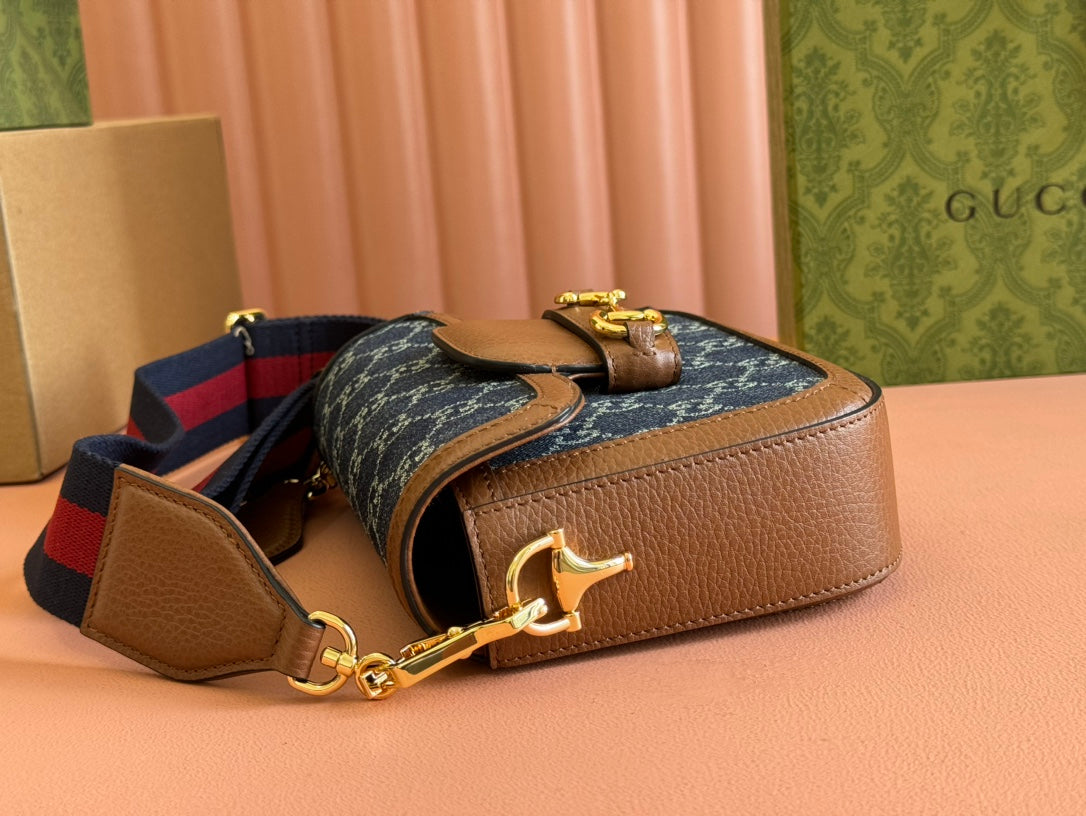 Gucci Horsebit Bag Blue mix Brown Leather Canvas 244253 mysite