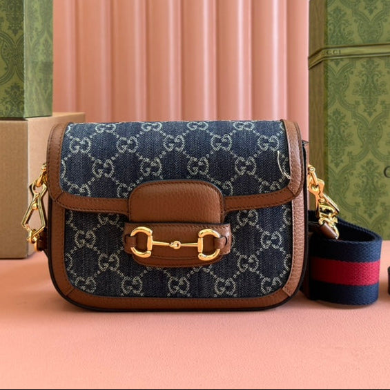 Gucci Horsebit Bag Blue mix Brown Leather Canvas 244253 mysite
