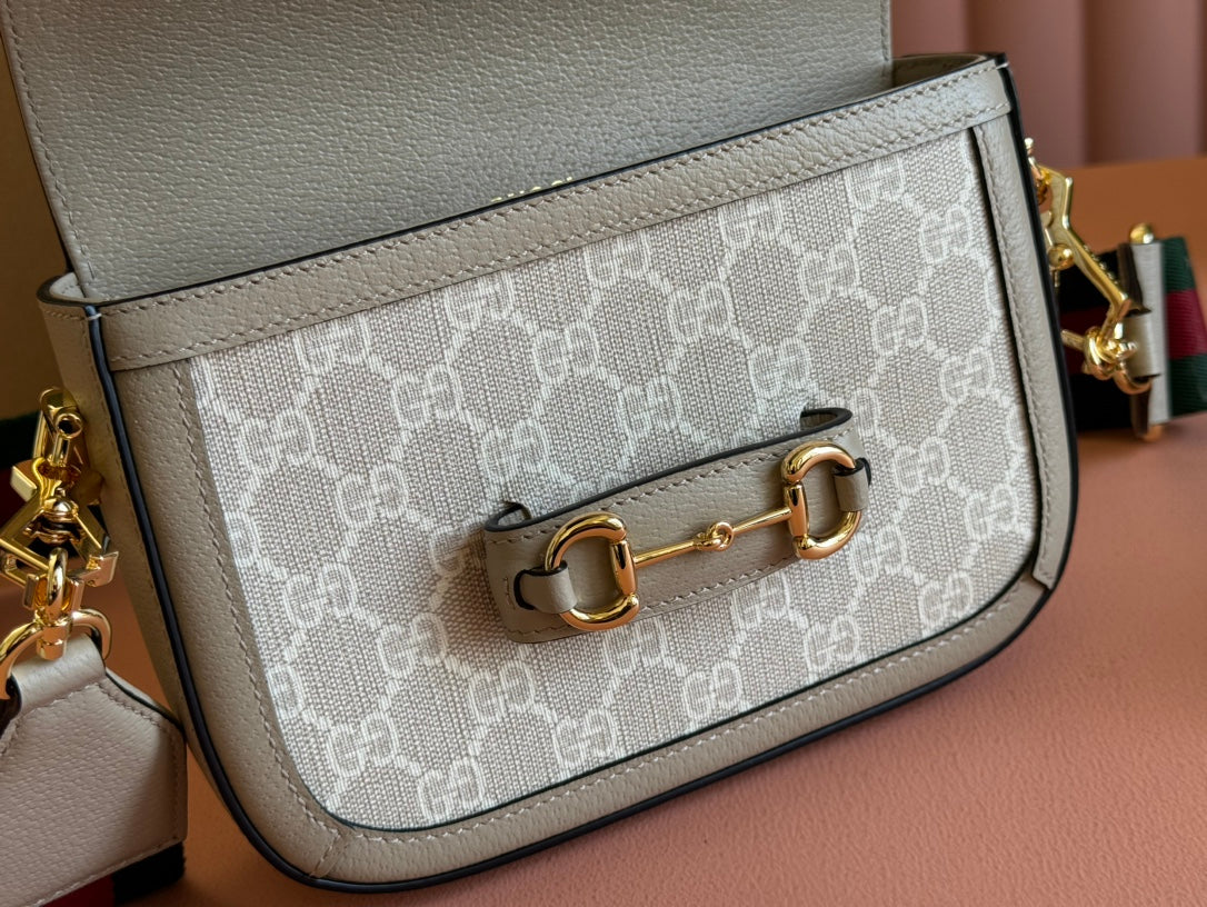Gucci Horsebit 20.5 Bag Beige mix White Leather Canvas 244257 mysite