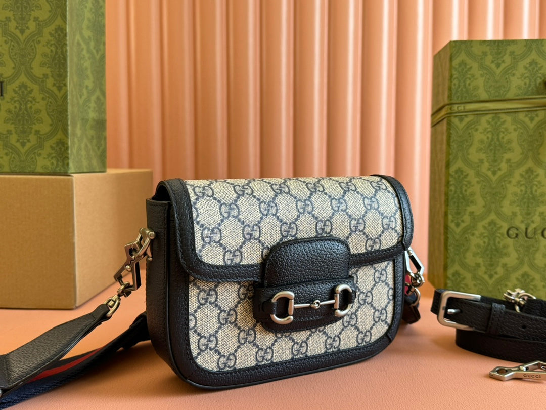 Gucci Horsebit Bag Ebony Blue Black Leather Canvas 244258 mysite