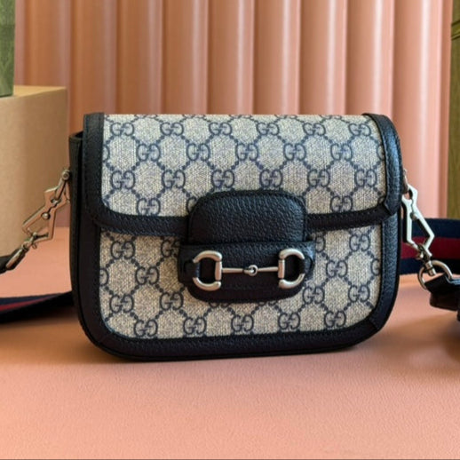 Gucci Horsebit Bag Ebony Blue Black Leather Canvas 244258 mysite