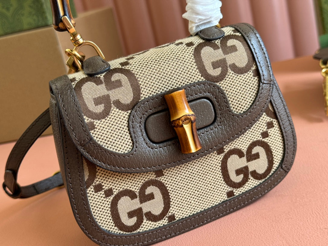 Gucci Bamboo Bag 17cm Brown mix Beige Canvas Leather 248506 mysite